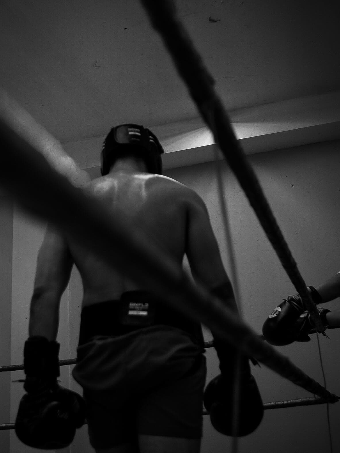 Boxeador descansando en las cuerdas entre asaltos